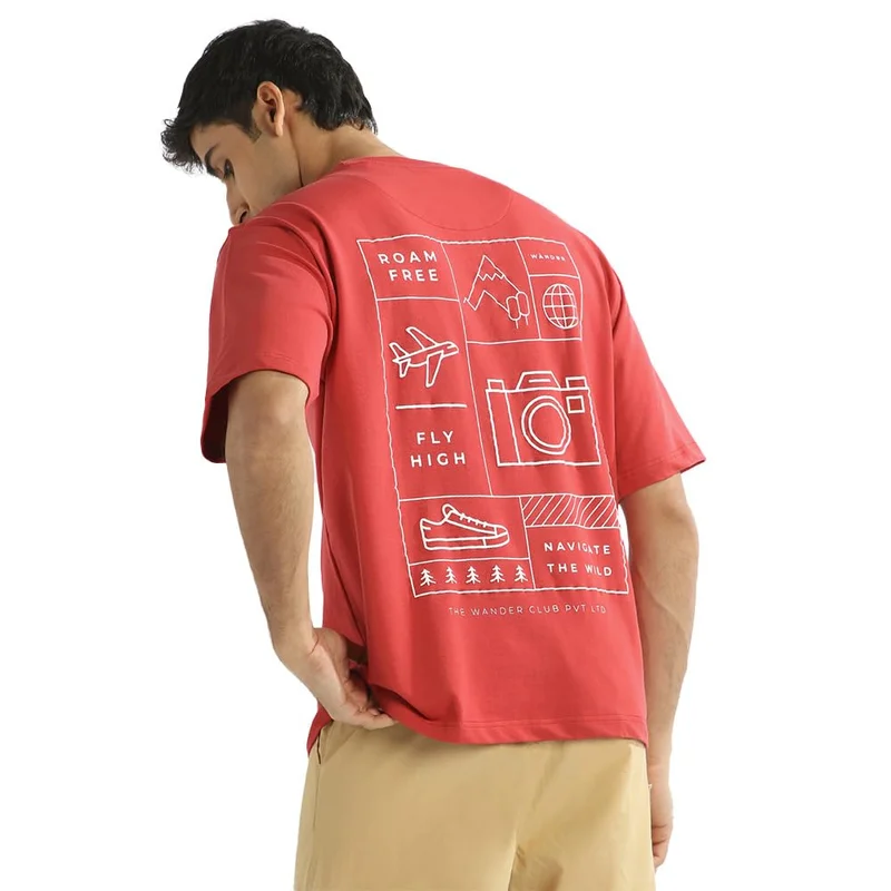 NOBERO Men's Red Printed Oversized T-Shirt