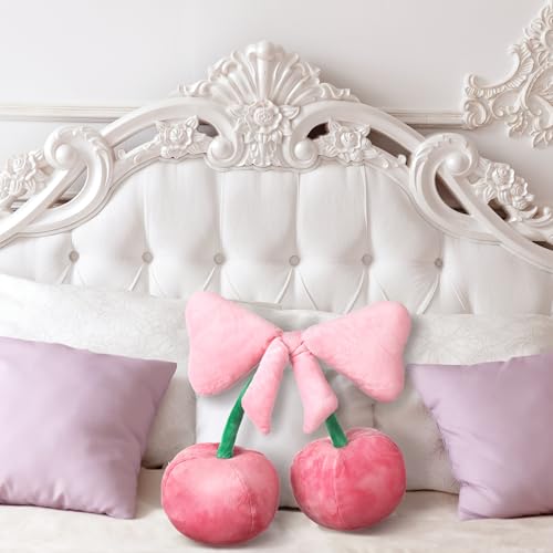 Beeveer Bow Pillow Cherry Throw Pillow Aesthetic Cute Coquette Room Decor Funny Preppy Cherry Cushions for Bedroom Living Room Sofa Bed Chair Decoration (Pink,Small) - Image 4
