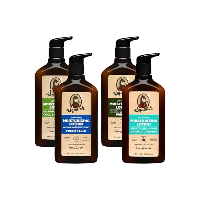 Dr. Squatch Natural Hand and Body Lotion for Men - Made with Shea Butter, Coconut Oil, Vitamin E for 24-Hr Moisturization - Pine Tar, Fresh Falls, Coconut Castaway & Cool Fresh Aloe (10 fl oz, 4-Pack)
