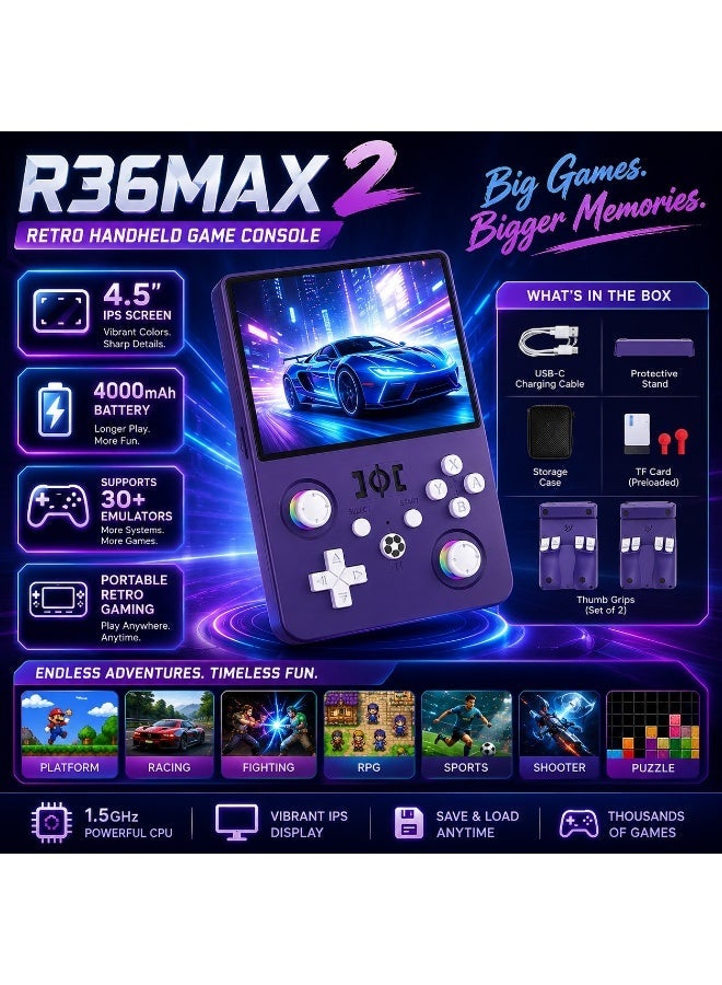 R36MAX 2 Retro Handheld Game Console 4.5-inch IPS HD Screen Portable Gaming Console 1.5GHz CPU 30+ Emulator Support 4000mAh Long Battery Portable Retro Video Game Console - Purple - Image 3
