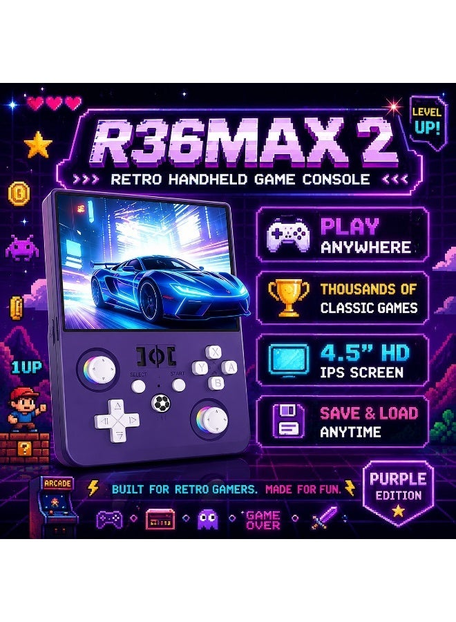 R36MAX 2 Retro Handheld Game Console 4.5-inch IPS HD Screen Portable Gaming Console 1.5GHz CPU 30+ Emulator Support 4000mAh Long Battery Portable Retro Video Game Console - Purple - Image 2