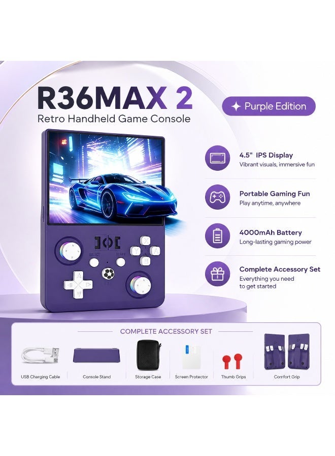 R36MAX 2 Retro Handheld Game Console 4.5-inch IPS HD Screen Portable Gaming Console 1.5GHz CPU 30+ Emulator Support 4000mAh Long Battery Portable Retro Video Game Console - Purple - Image 1