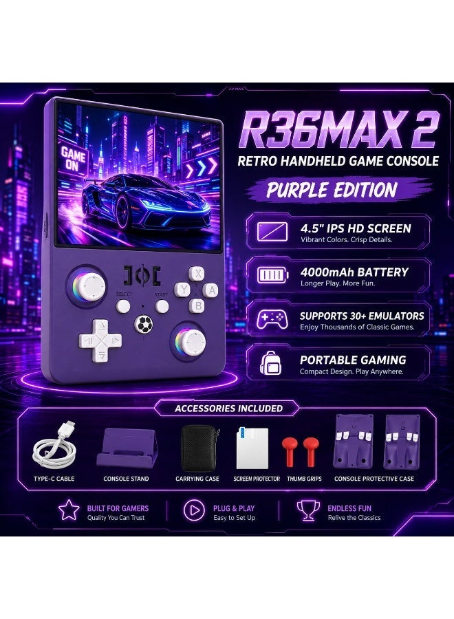 R36MAX 2 Retro Handheld Game Console 4.5-inch IPS HD Screen Portable Gaming Console 1.5GHz CPU 30+ Emulator Support 4000mAh Long Battery Portable Retro Video Game Console - Purple - Image 5