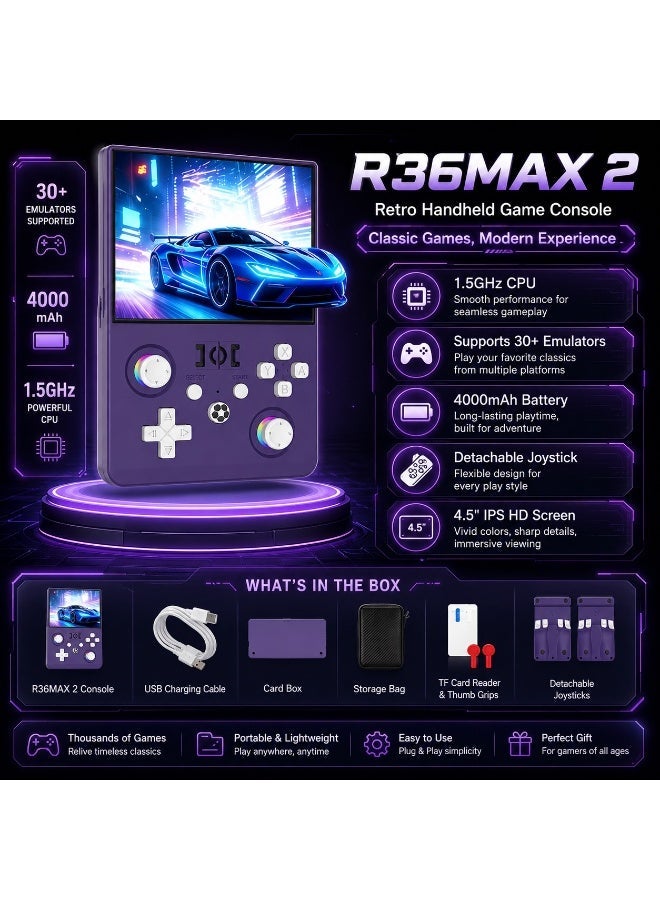 R36MAX 2 Retro Handheld Game Console 4.5-inch IPS HD Screen Portable Gaming Console 1.5GHz CPU 30+ Emulator Support 4000mAh Long Battery Portable Retro Video Game Console - Purple - Image 4