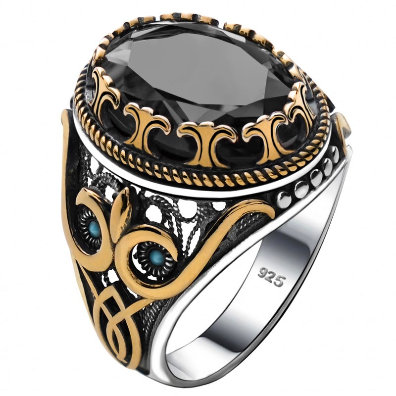Alpha Rock Genuine Solid 925 Sterling Silver Accented with Bronze, Faceted Simulated Black Diamond Stone, Authentic Vintage Turkish Ottoman Style Ring for Men, Gift for Men (Simulated Black Diamond, 9) - Image 3
