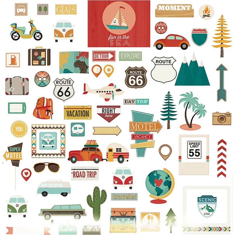 Doraking Foil Gold Paper Stickers, 65PCS Travel Themed Decoration for Scrapbook, Multicolored, Waterproof, Premium Adhesive Paper, Irregular Shaped, Holiday Travel Style - Image 1