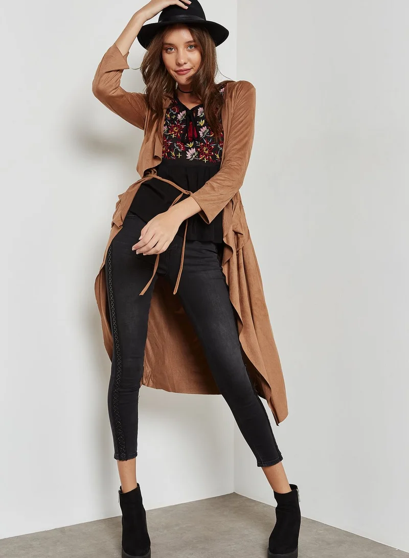 Ginger Suedette Self Tie Longline Cardigan