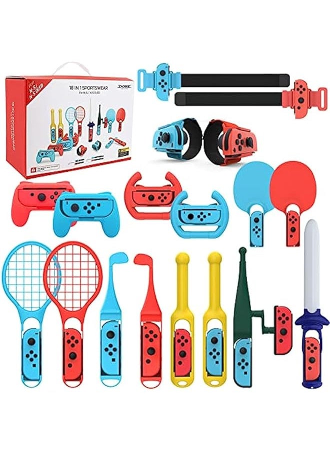 erorex Switch Sports Accessories Bundle for Nintendo Switch Game 18 in 1 Sport Accessory Kit: Sword, Wrist Band, Tennis&Table Rackets, Golf Clubs, Leg Strap, Grip, Racing wheel, Fishing Rod and Drum Stick  - Image 1