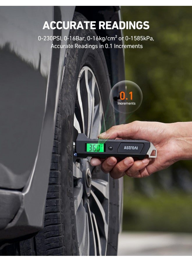 AstroAI AstroAI Digital Tire Pressure Gauge, 230 PSI 4 Settings Heavy Duty for Car Bicycle with Larger Backlit LCD Flashlight and Non-Slip, Black  - Image 3
