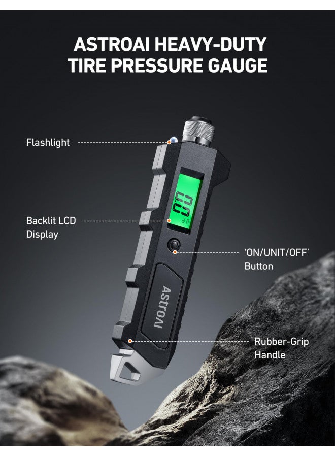 AstroAI AstroAI Digital Tire Pressure Gauge, 230 PSI 4 Settings Heavy Duty for Car Bicycle with Larger Backlit LCD Flashlight and Non-Slip, Black  - Image 1