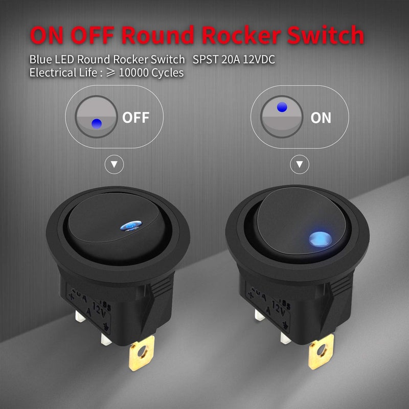 DAIERTEK Round Rocker Switch Shell 12V Lighted 3 Pin with Blue LED 12 Volt DC Rocker Toggle Switch for Automotive Car Truck ON Off 20A SPST - Image 4