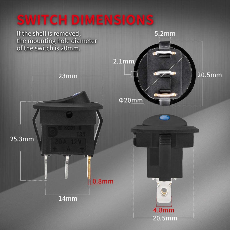 DAIERTEK Round Rocker Switch Shell 12V Lighted 3 Pin with Blue LED 12 Volt DC Rocker Toggle Switch for Automotive Car Truck ON Off 20A SPST - Image 2