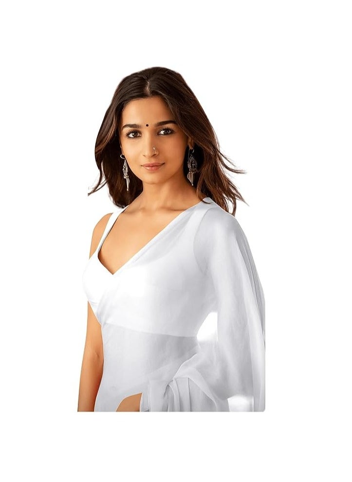 Accessorize Kingdom - Women's Plain Pure Georgette Saree With Unstitched Blouse Piece (Rocky Aur Rani Ki Prem Kahani Alia Bhatt Saree) - Image 1