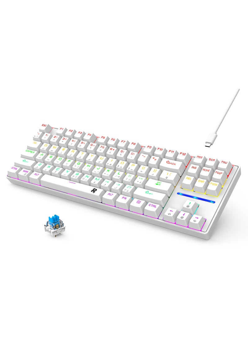 Rock Pow 75% Gaming Keyboard Arabic English 87 Keys Mechanical Keyboard with RGB Backlit 19 Modes Wired Mini Keyboard PBT Keycaps for PC Gaming and Working (Blue Switch)  - Image 1