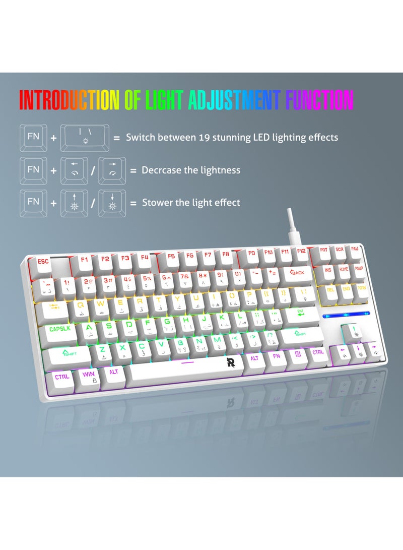Rock Pow 75% Gaming Keyboard Arabic English 87 Keys Mechanical Keyboard with RGB Backlit 19 Modes Wired Mini Keyboard PBT Keycaps for PC Gaming and Working (Blue Switch)  - Image 3