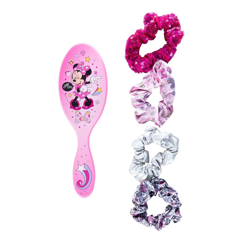 Disney Junior Minnie Mouse Hair Accessory 5 Pcs Set 1 Large Minnie Mouse Hair Brush For Girls  4 Minnie Scrunchies For Kids Hair Accessories For Girls Pink Detangling Brush Elastic Hair Ties