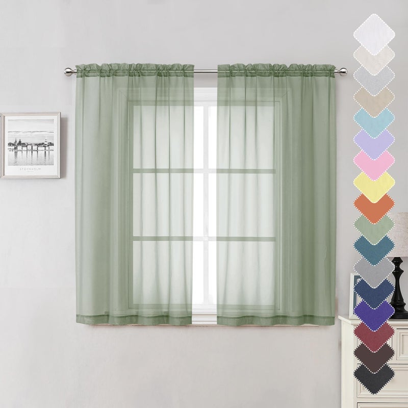 Lecloud Short Sheer Curtains 54 Inches Length 2 Panels Light Filtering Voile Curtain Drapes for Half Window Kitchen Bedroom Basic Rod Pocket Living Room Sheer Curtains 40Wx54L Inches Sage Green