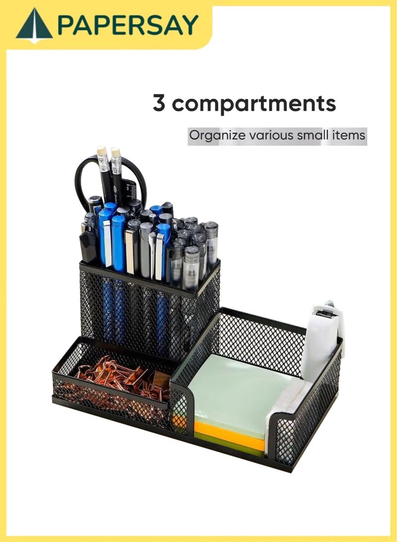 PAPERSAY 3 Compartment Desk Organizer, Mesh Desktop ,Pen Storage Holders (Black) - Image 4