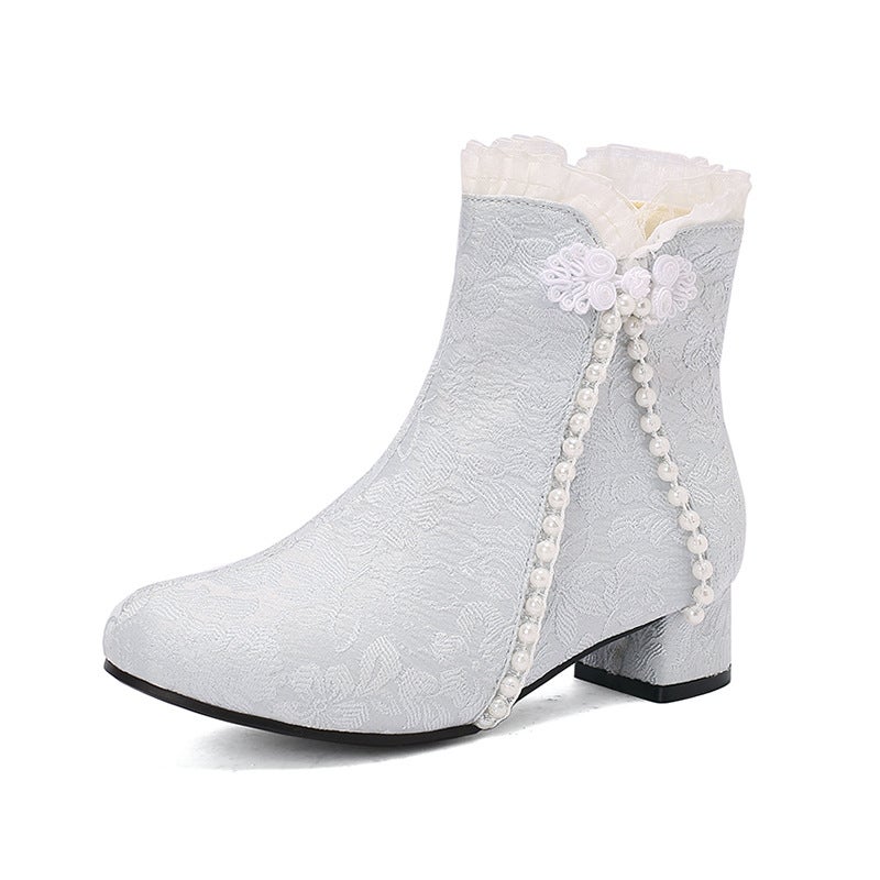 Winter 2024 Supply Low Heel Chinese Style Pearl Edge 28-43 Jacquard Buckle Low Barrel Cheongsam Women'S Boots - Image 1