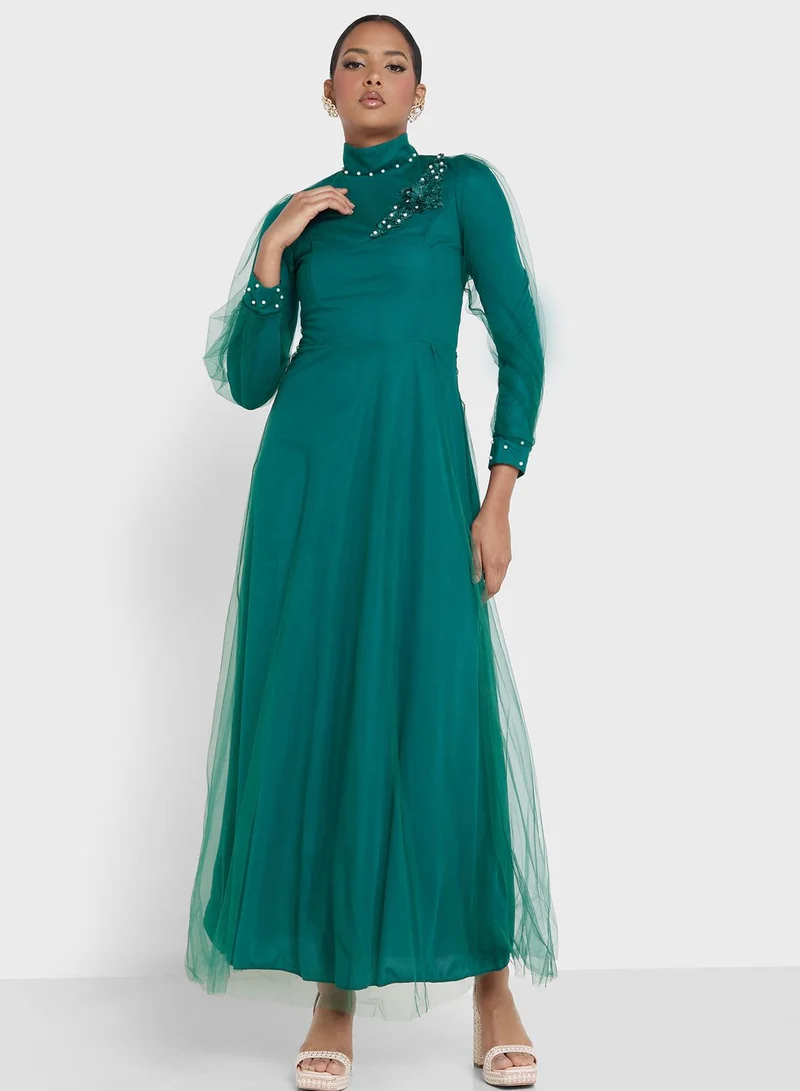 Khizana Emerald Tulle Maxi Dress