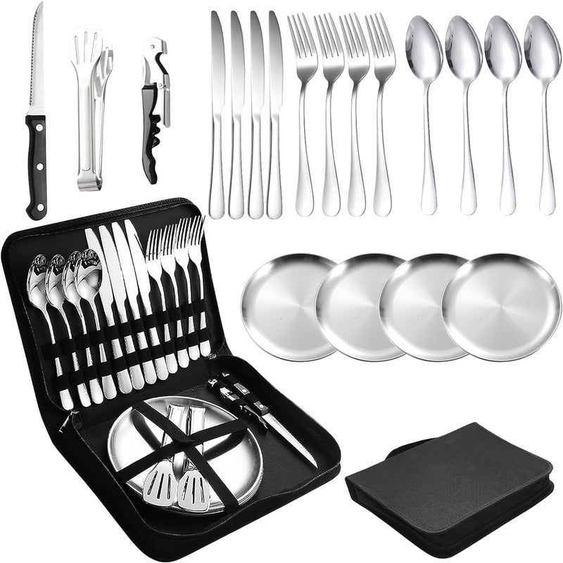 EKYLIP Camping Silverware SetOutdoor Picnic Tableware with Spoon Fork Knife20 Piece Silverware Set Service for 4 Portable Stainless Steel Flatware Travel Camping Cutlery Gold Flatware Set - Image 1