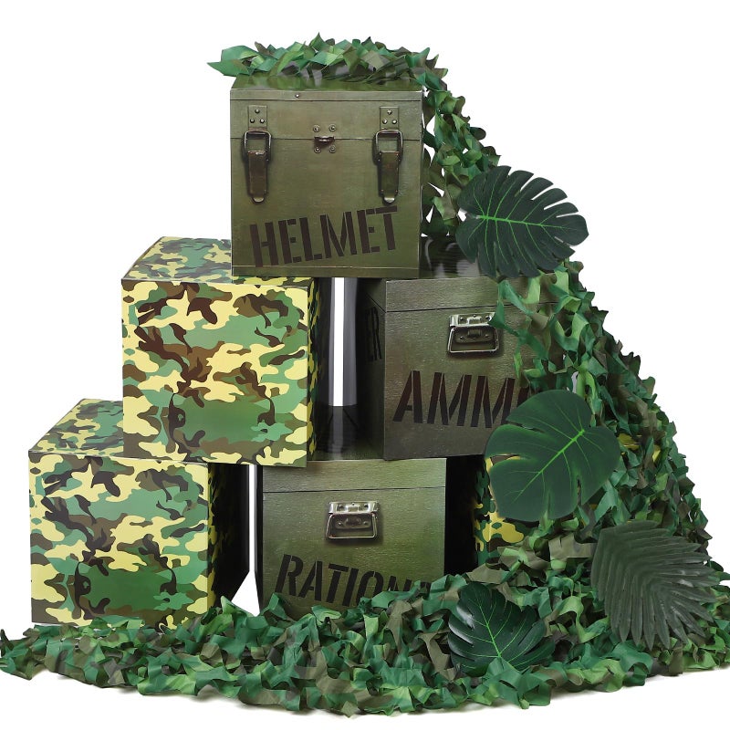 JellyArch 19 Pcs Camo Boxes Decor Army Party Decorations Including Camo Boxes Camo Netting and Palm Leaves for Hunting Military Army Military Enthusiasts Jungle Camo Party Birthday Party Supplies - Image 3