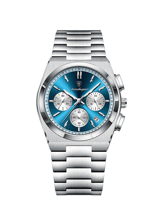 POEDAGAR ​​POEDAGAR Men's Multifunction Quartz Watch - Silver Stainless Steel Case with Blue Dial & White Bezel, Stainless Steel Bracelet, 30m Water Resistant for Business and Casual Occasions​​  - Image 1