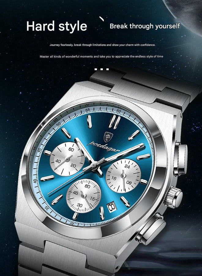 POEDAGAR ​​POEDAGAR Men's Multifunction Quartz Watch - Silver Stainless Steel Case with Blue Dial & White Bezel, Stainless Steel Bracelet, 30m Water Resistant for Business and Casual Occasions​​  - Image 2