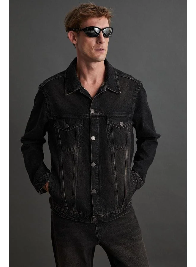 Grimelange Jerıcho Men's Rinse Denim Comfortable Wide Fit %100 Cotton High Quality Thick-Textured Black Jacket.
