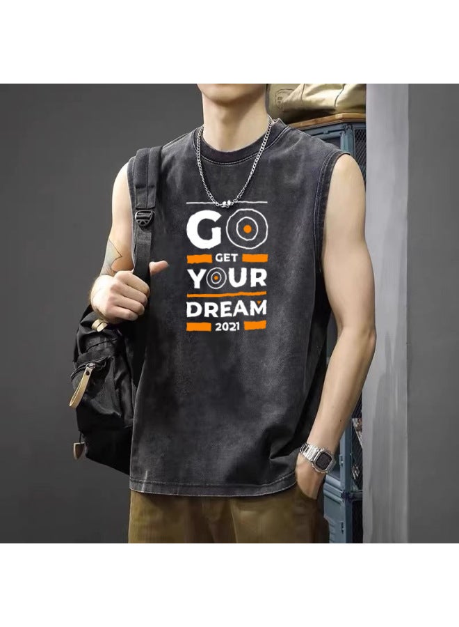 Simple And Minimalist Feng Shui Washed Distressed Sleeveless T-shirt For Men, Summer Loose Casual Tank Top, Versatile Printed Daily Wear Outerwear Top