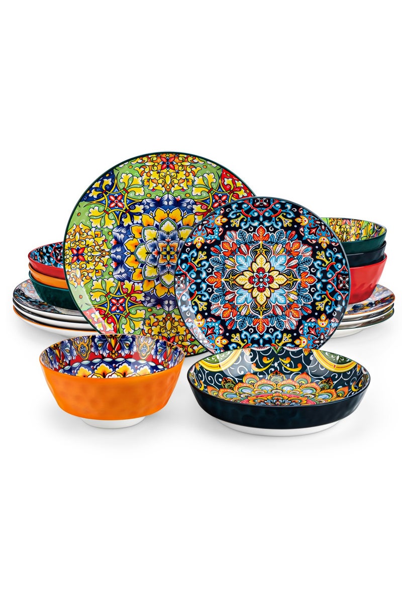 مجموعة أدوات طعام فخارية من 16 قطعة ل4 أشخاص، تشمل 4 قطع أطباق عشاء، 4 قطع أطباق حلوى، 4 قطع أطباق حساء و4 قطع أوعية، طراز بوهيمي - Image 1