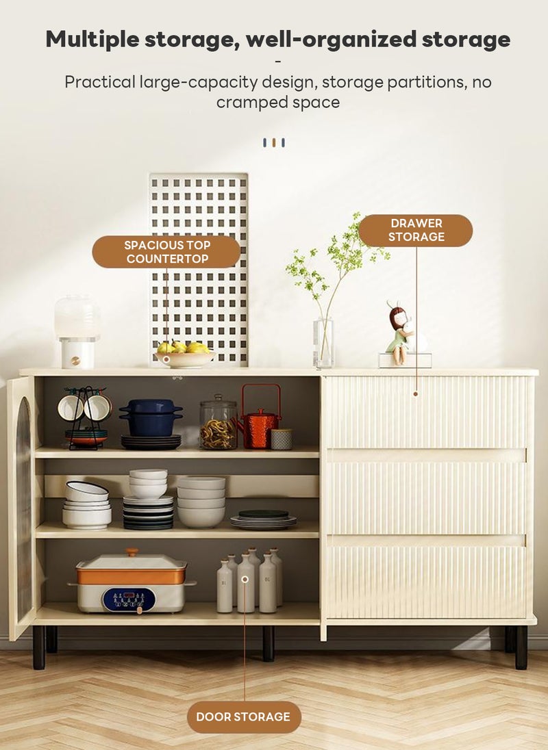 شاربدو كريمي أبيض حديثة بسيطة لوحة جانبية خزانة التخزين ، باب شفاف ، مع 3 درجات تخزين 140 * 40 * 90 سم - Image 3