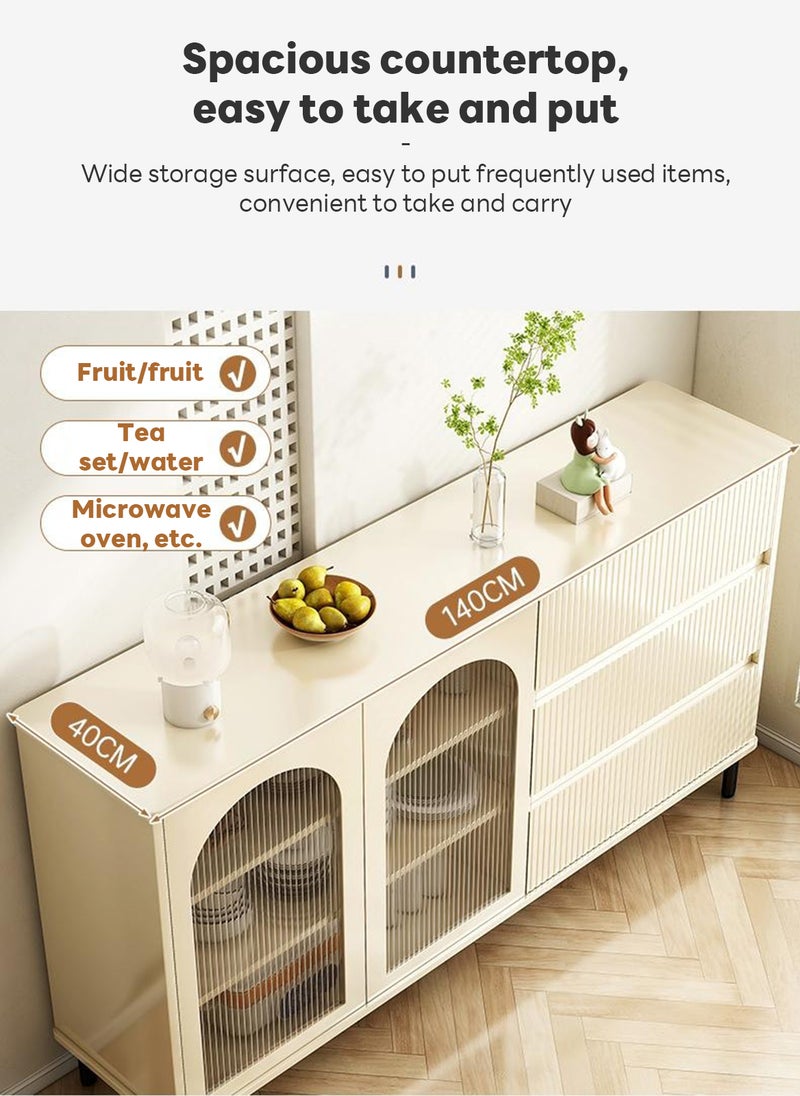 شاربدو كريمي أبيض حديثة بسيطة لوحة جانبية خزانة التخزين ، باب شفاف ، مع 3 درجات تخزين 140 * 40 * 90 سم - Image 4