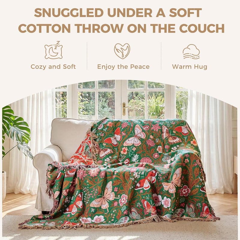 LUTBM Boho Throw Blanket for Couch Sofa Chair Cotton Blankets for Bedroom Living Room All Season Lightweight Reversible Butterflies Embroidery Throws 50"x60" - Image 4