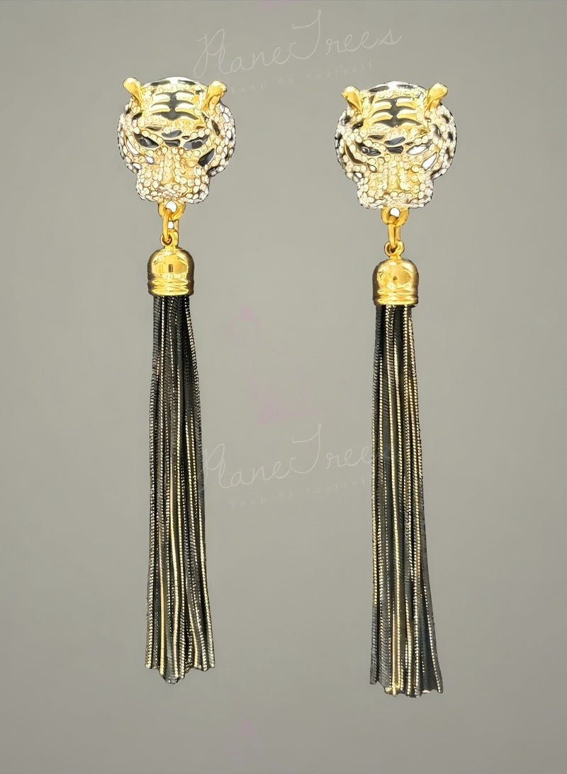 PLANE TREES Gold Tiger Head Tassel Earrings – Long Chain Fringe Dangle with Crystal Embellishments – Fierce Glam Jewelry for Women, Party, Fashion Look - Image 1