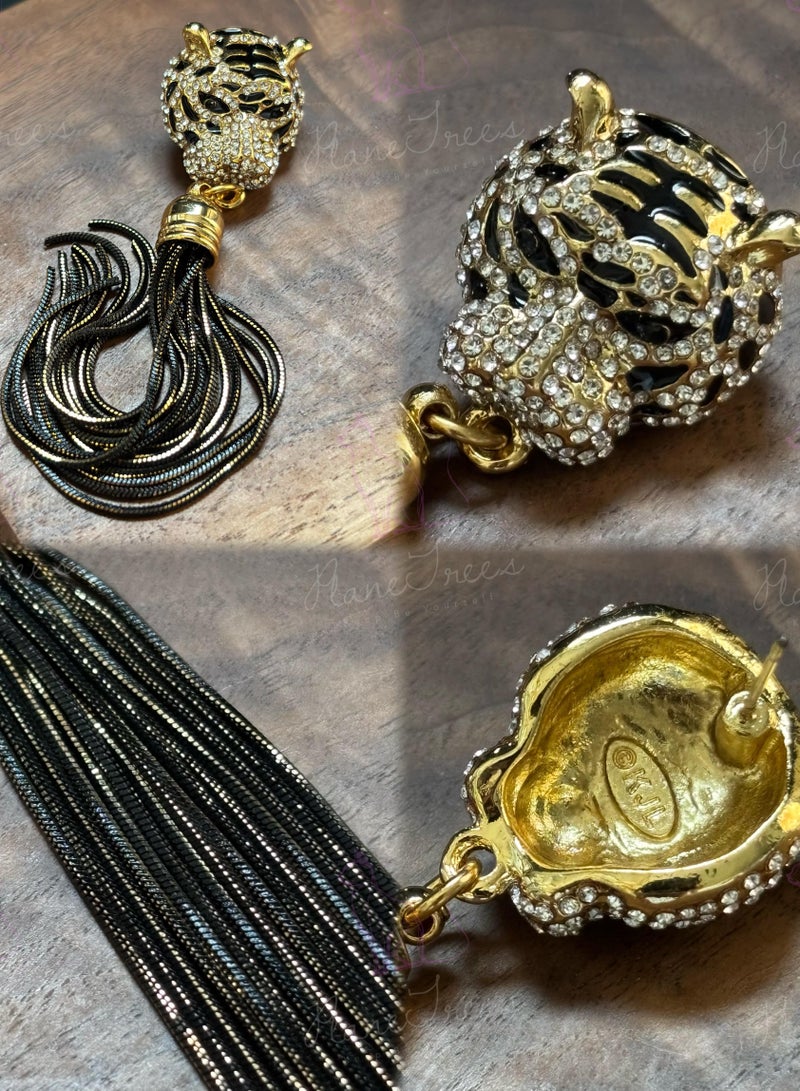 PLANE TREES Gold Tiger Head Tassel Earrings – Long Chain Fringe Dangle with Crystal Embellishments – Fierce Glam Jewelry for Women, Party, Fashion Look - Image 2