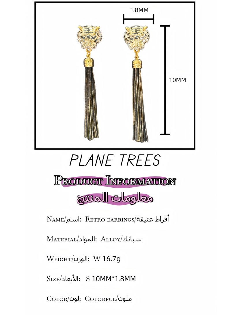 PLANE TREES Gold Tiger Head Tassel Earrings – Long Chain Fringe Dangle with Crystal Embellishments – Fierce Glam Jewelry for Women, Party, Fashion Look - Image 3