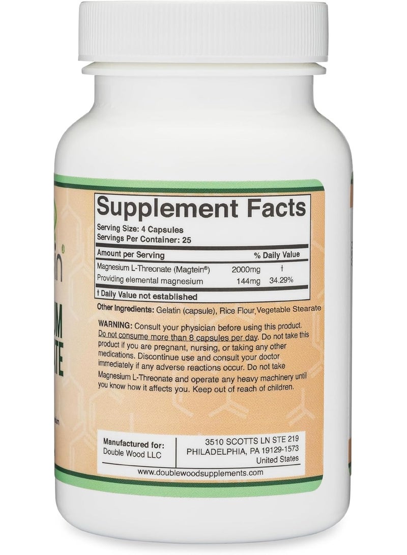 Double Wood Supplements Magtein Magnesium L-Threonate, 2000 mg – 100 Capsules - Image 2