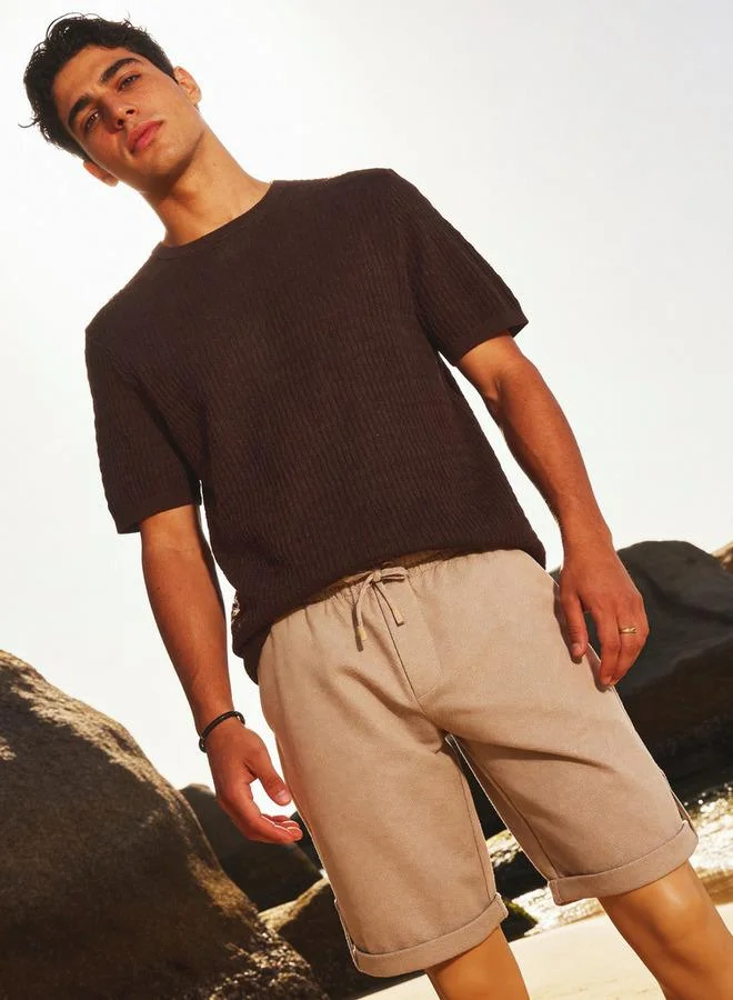 ايكونيك Iconic Men Regular Fit Crew Neck Short Sleeve Textured T shirt
