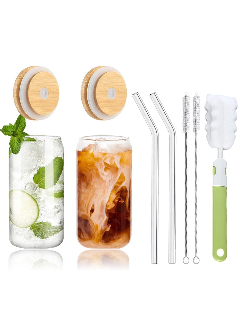 Sweet seven Bamboo Lid Glass Cups with Glass Straw - Set of 2PCS,550ml Can Shaped Tumblers for, Tea, Soda, Iced Coffee - Includes 2 Two Straw Brushes and one Cup Brush  - Image 1