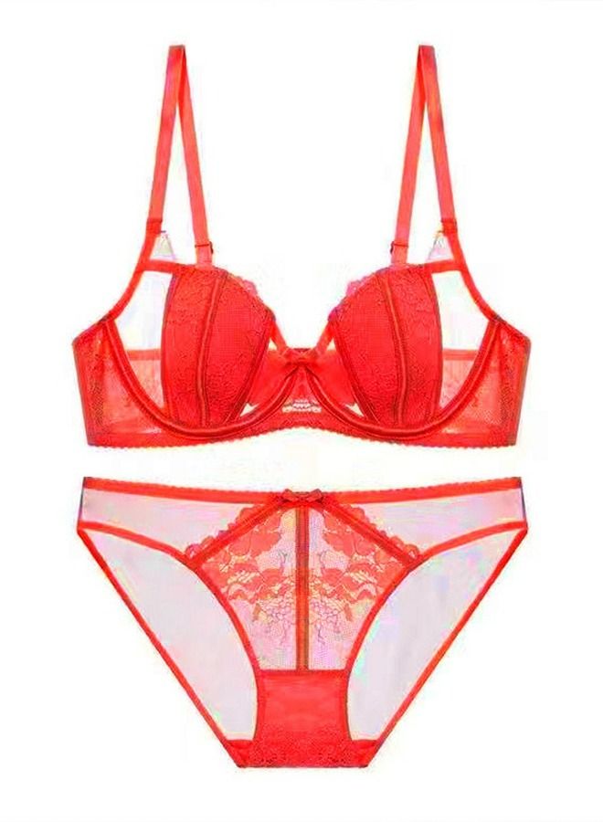 Loquat Solid Color Ultra Thin Cup Lace Bra And Panty Set Red 