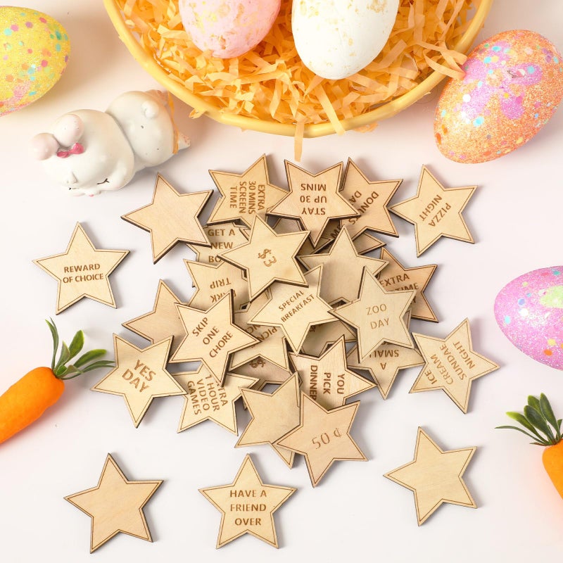 CypherX Easter Egg Fillers- Wood Easter Reward Tokens, Easter Prizes Stuffers Coins, Family Night Tokens, 24 Redeemable Tokens+6 Blank DIY Tokens, Unique Family Easter Egg Hunt Activities- Star - Image 1