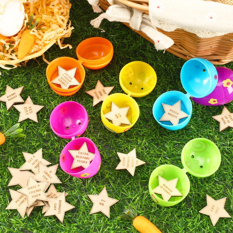 CypherX Easter Egg Fillers- Wood Easter Reward Tokens, Easter Prizes Stuffers Coins, Family Night Tokens, 24 Redeemable Tokens+6 Blank DIY Tokens, Unique Family Easter Egg Hunt Activities- Star - Image 2