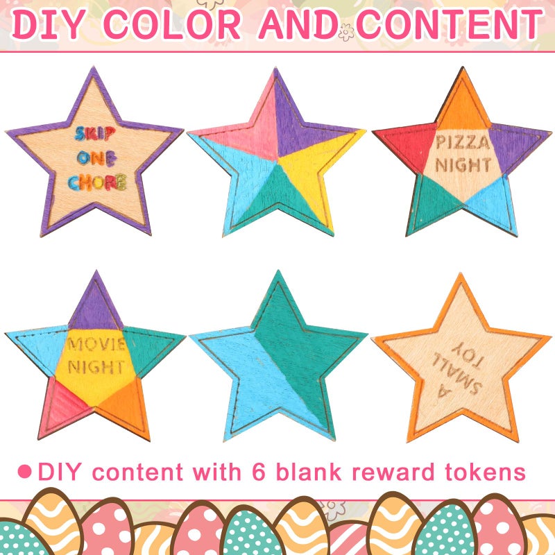 CypherX Easter Egg Fillers- Wood Easter Reward Tokens, Easter Prizes Stuffers Coins, Family Night Tokens, 24 Redeemable Tokens+6 Blank DIY Tokens, Unique Family Easter Egg Hunt Activities- Star - Image 4
