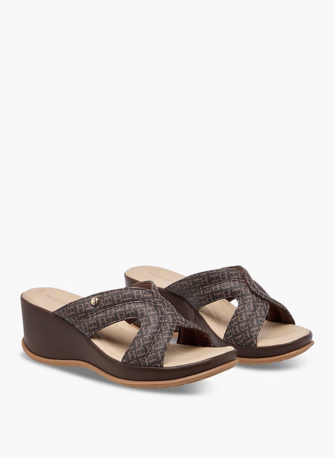 Flora Bella By Shoexpress Monogram Print Slip-On Sandals with Wedge Heels  - Image 1