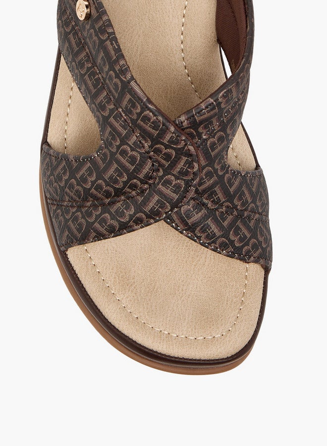 Flora Bella By Shoexpress Monogram Print Slip-On Sandals with Wedge Heels  - Image 4