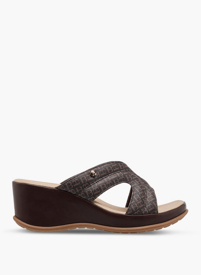 Flora Bella By Shoexpress Monogram Print Slip-On Sandals with Wedge Heels  - Image 3
