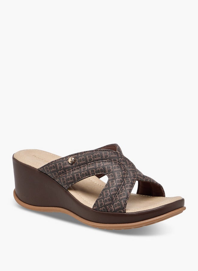 Flora Bella By Shoexpress Monogram Print Slip-On Sandals with Wedge Heels  - Image 2