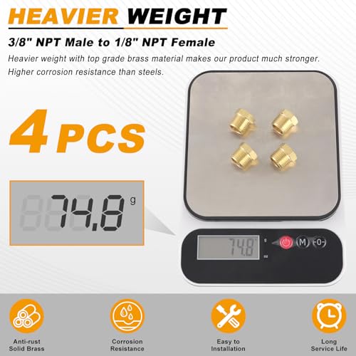 KOOTANS 4pcs Heavy Duty 3/8 NPT Male Thread to 1/8 NPT Female Thread Brass Reducer Hex Bushing Brass Fitting Pipe Hose Tube Adapter Convert - Image 5
