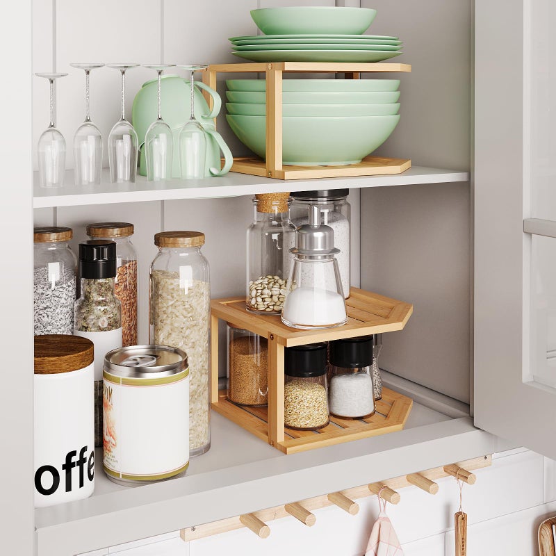 VERTORGAN Bamboo Corner Shelf(2 Pack),2 Tier Plate Organizer for Cabinet and Countertop,Pantry Dish and Spice Rack for Kitchen - Image 2